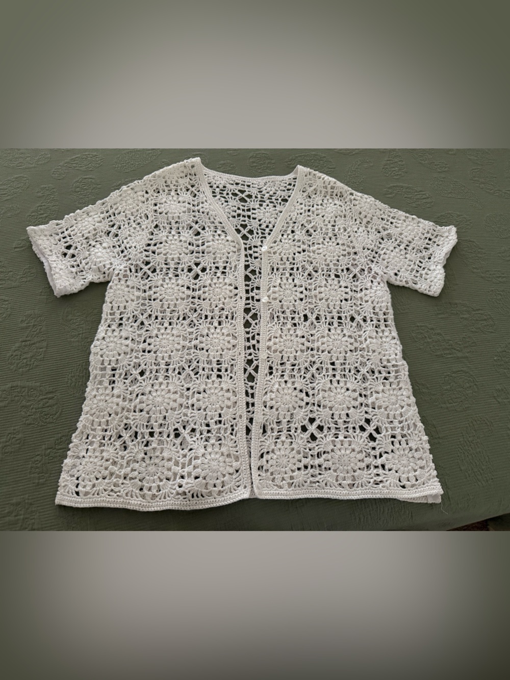 Vintage White Hand Crocheted Open-Front Cardigan